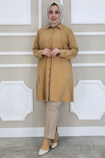 KADIN TAŞ DETAYLI TESETTÜR GÖMLEK CAMEL - 4 BEDEN