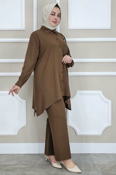 PYS KADIN BROŞ DETAYLI TESETTÜR TAKIM KAHVERENGİ - 2 BEDEN