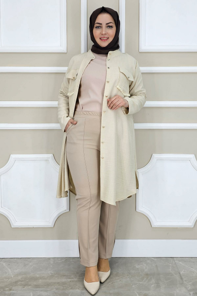 WOMAN RIVETED BATTAL PANTS STONE - 46