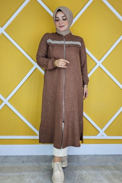 PYS KADIN DANTEL ŞERİT DETAYLI TESETTÜR KAP KAHVERENGİ - 5 BEDEN