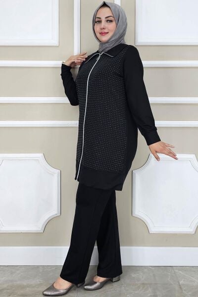 PYS KADIN BEDEN TAŞ DETAYLI TESETTÜR TAKIM SİYAH - 2 BEDEN