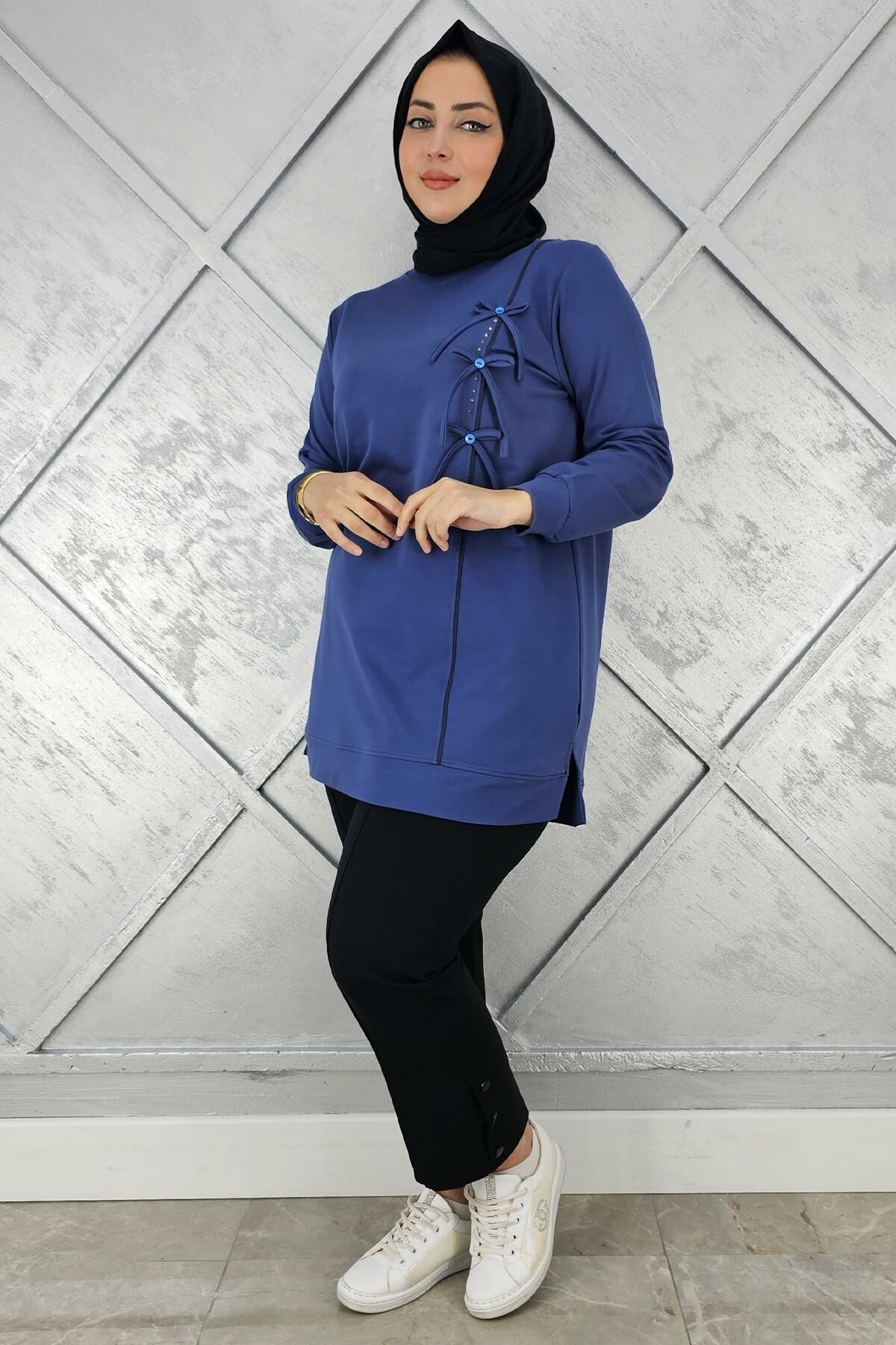 KADIN DÜĞME TAŞ DETAYLI BİYELİ TESETTÜR TUNİK İNDİGO - 2XL