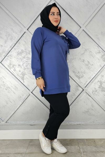 KADIN DÜĞME TAŞ DETAYLI BİYELİ TESETTÜR TUNİK İNDİGO - 2XL