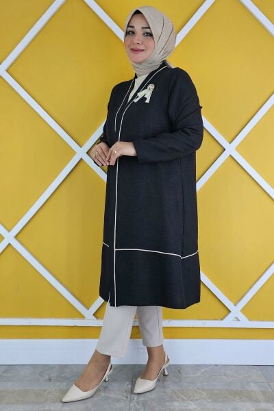 KADIN BROŞ DETAYLI KİMONO BLUZLU TESETTÜR TAKIM SİYAH - 4 BEDEN