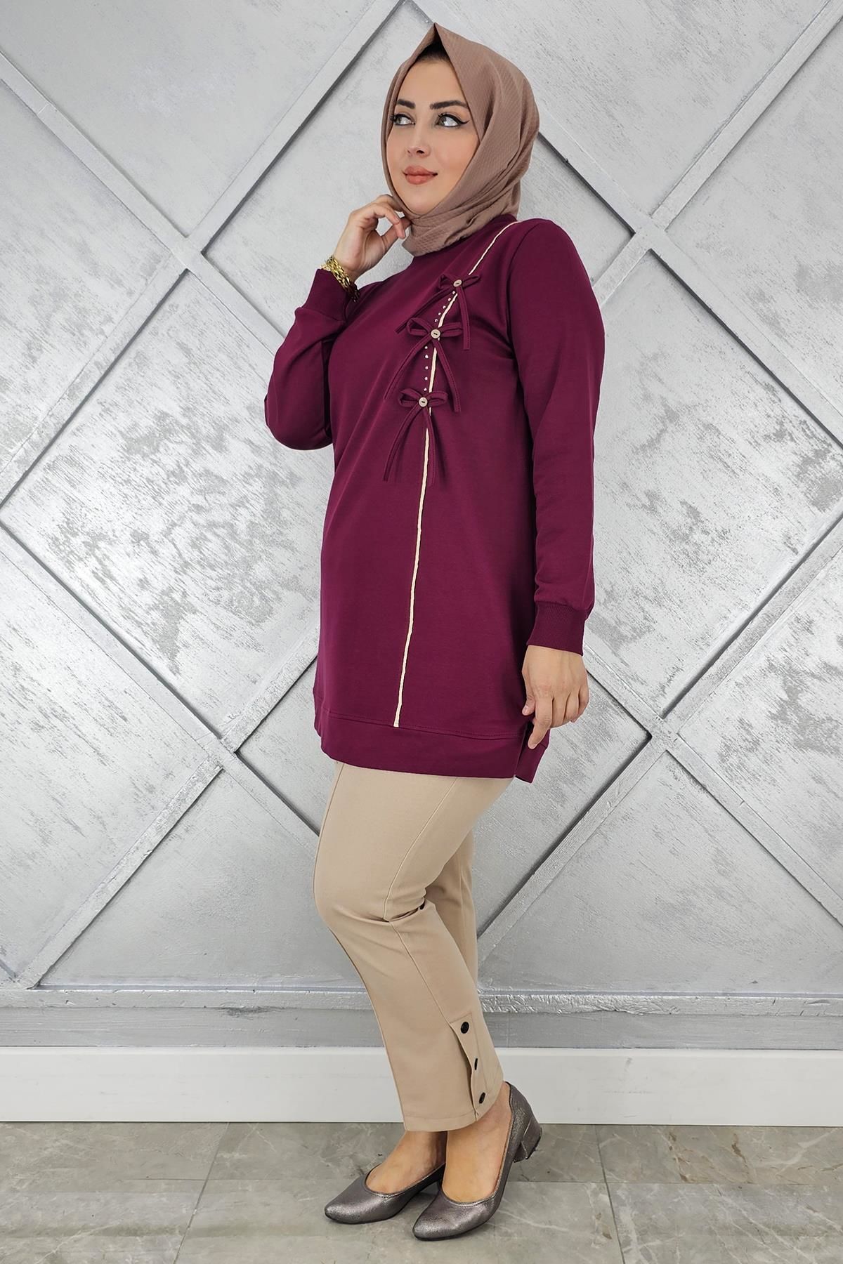 KADIN DÜĞME TAŞ DETAYLI BİYELİ TESETTÜR TUNİK BORDO - 3XL