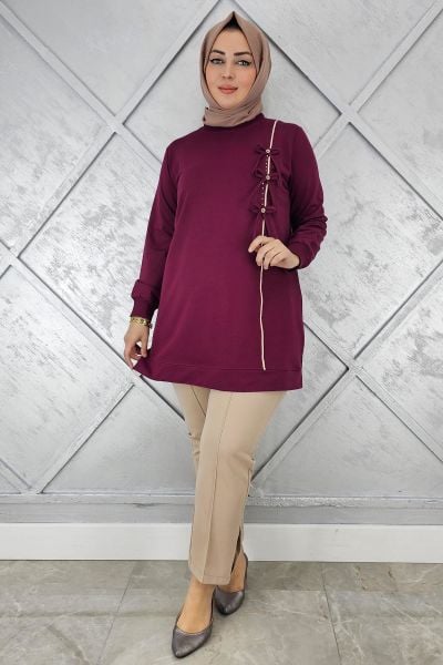 KADIN DÜĞME TAŞ DETAYLI BİYELİ TESETTÜR TUNİK BORDO - 3XL