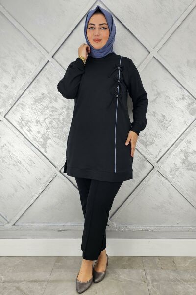 KADIN DÜĞME TAŞ DETAYLI BİYELİ TESETTÜR TUNİK SİYAH - L