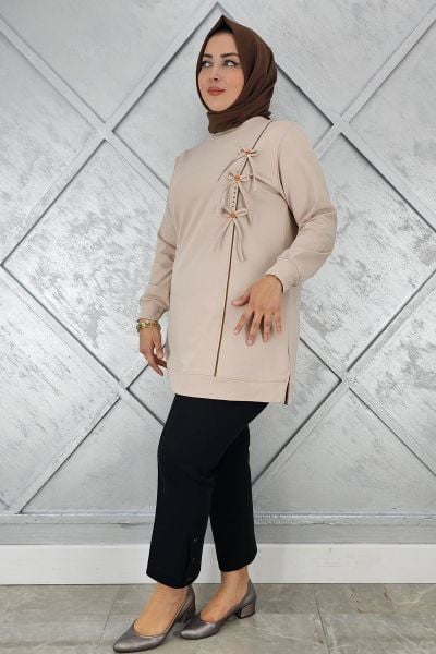 KADIN DÜĞME TAŞ DETAYLI BİYELİ TESETTÜR TUNİK BEJ - 2XL