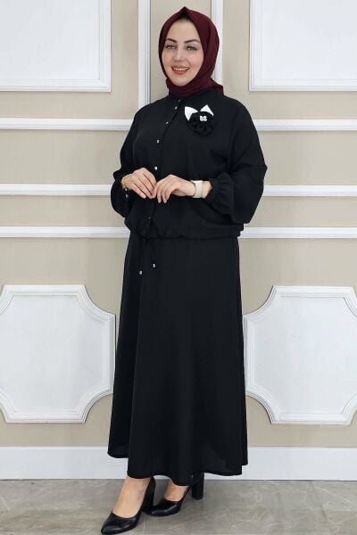 KADIN ÇİÇEK BROŞ DETAYLI GÖMLEK ETEK TESETTÜR TAKIM SİYAH - 4 BEDEN