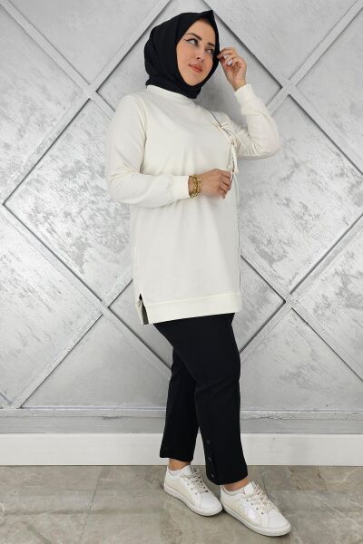 KADIN DÜĞME TAŞ DETAYLI BİYELİ TESETTÜR TUNİK EKRU - 2XL