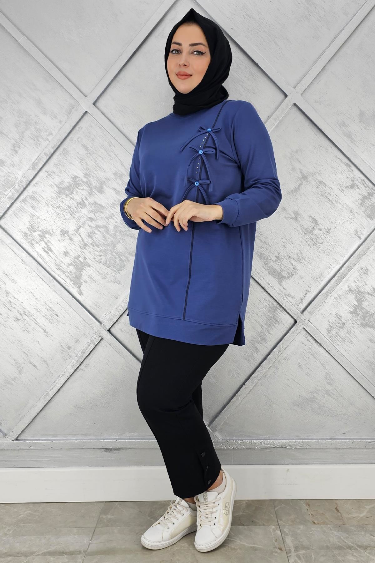 KADIN DÜĞME TAŞ DETAYLI BİYELİ TESETTÜR TUNİK İNDİGO - L