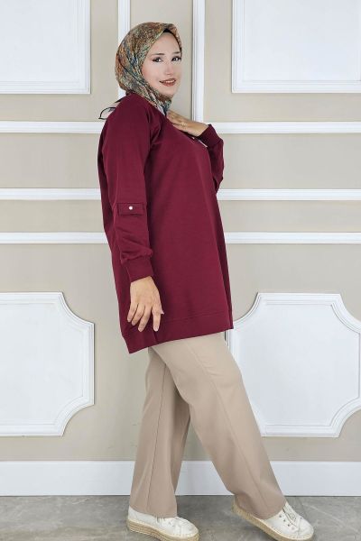 KADIN SALLANTI AKSESUAR DETAYLI TESETTÜR TUNİK BORDO - 2XL