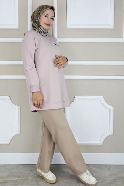 KADIN SALLANTI AKSESUAR DETAYLI TESETTÜR TUNİK BEJ - L