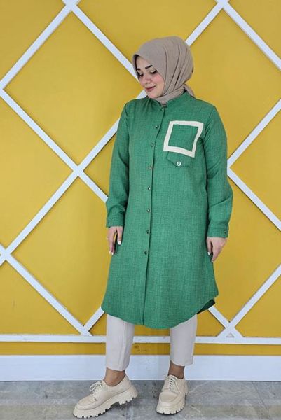 KADIN KARE KOMBİNLİ KETEN TESETTÜR GÖMLEK BENETTON - 2 BEDEN