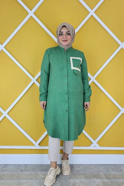 KADIN KARE KOMBİNLİ KETEN TESETTÜR GÖMLEK BENETTON - 2 BEDEN