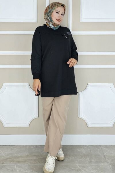 KADIN SALLANTI AKSESUAR DETAYLI TESETTÜR TUNİK SİYAH - 3XL