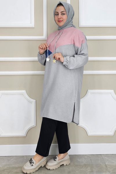KADIN BAĞUCU VE KOMBİN DETAYLI TESETTÜR TUNİK GRİ - 2XL