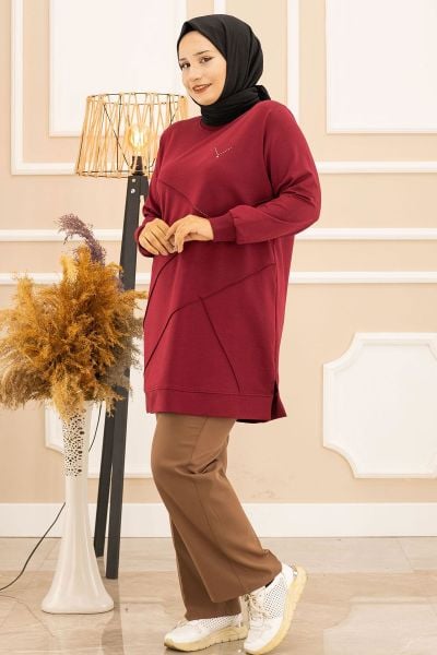 KADIN NERVÜR DİKİM TAŞ DETAYLI TESETTÜR TUNİK M24K00314-084 BORDO - 2XL