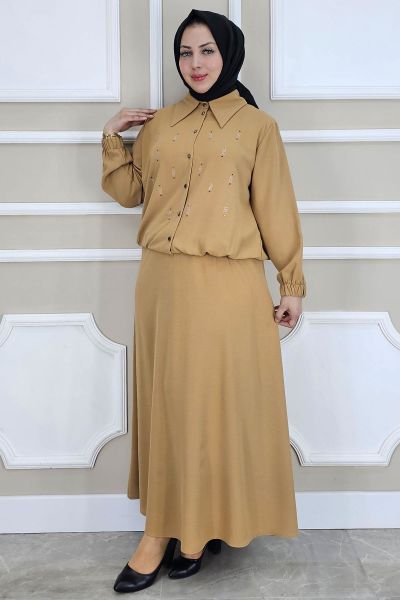 KADIN TAŞ DETAYLI GÖMLEK ETEK TESETTÜR TAKIM CAMEL - 5 BEDEN