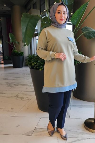 KADIN BROŞ VE KOMBİN DETAYLI TESETTÜR TUNİK HAKİ - 3XL