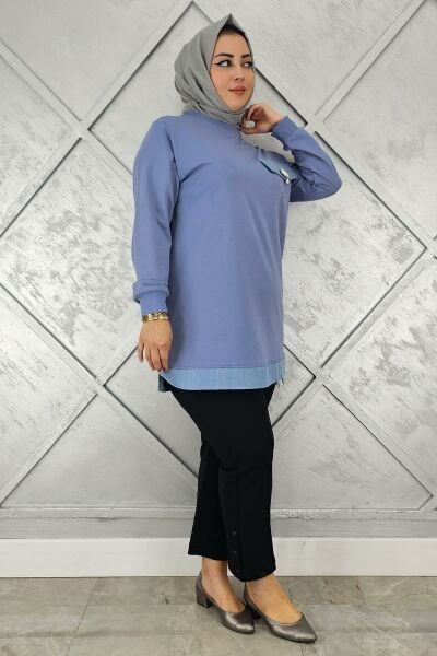 KADIN BROŞ VE KOMBİN DETAYLI TESETTÜR TUNİK MAVİ - 3XL