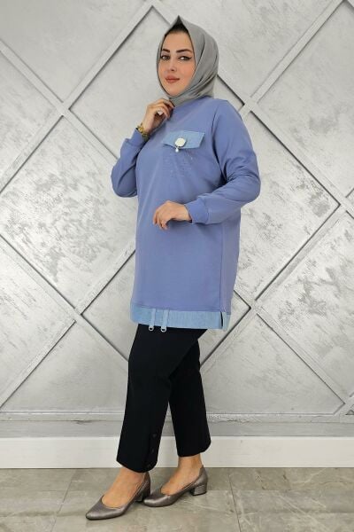 KADIN BROŞ VE KOMBİN DETAYLI TESETTÜR TUNİK MAVİ - 3XL