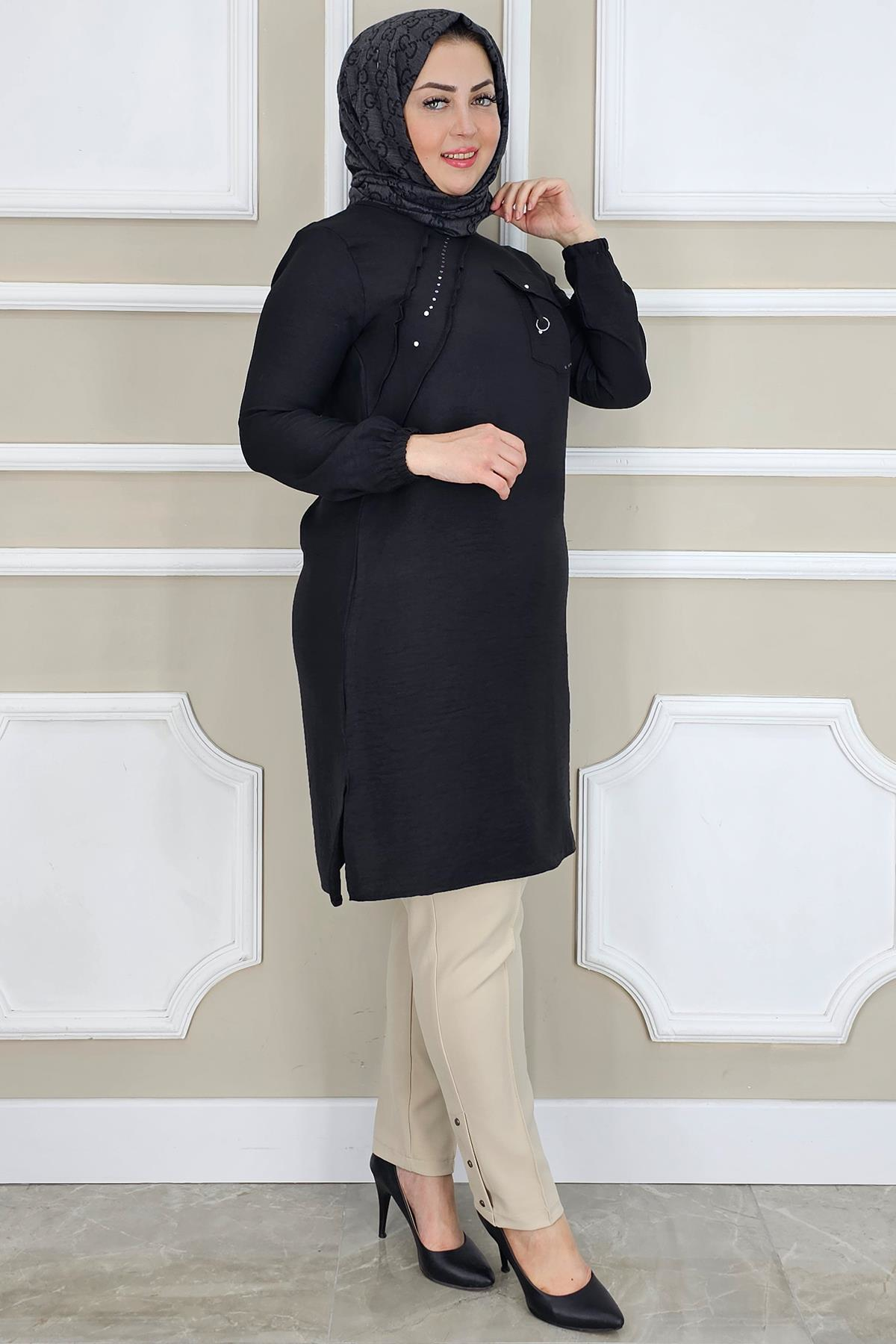 MYSTIL KADIN ALLER TAŞ DETAYLI TESETTÜR TUNİK SİYAH - 3XL