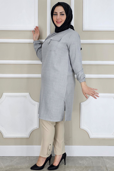 KADIN ALLER TAŞ DETAYLI TESETTÜR TUNİK GRİ - 2XL