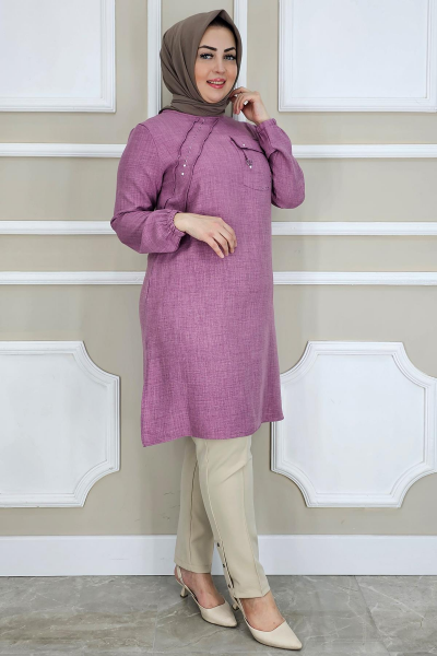 KADIN ALLER TAŞ DETAYLI TESETTÜR TUNİK GÜL KURUSU - 2XL