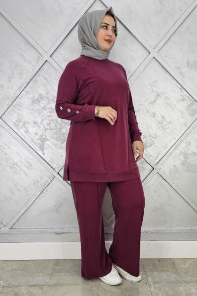 KADIN NERVÜR DİKİM DÜĞME DETAYLI TESETTÜR TAKIM BORDO - 2 BEDEN