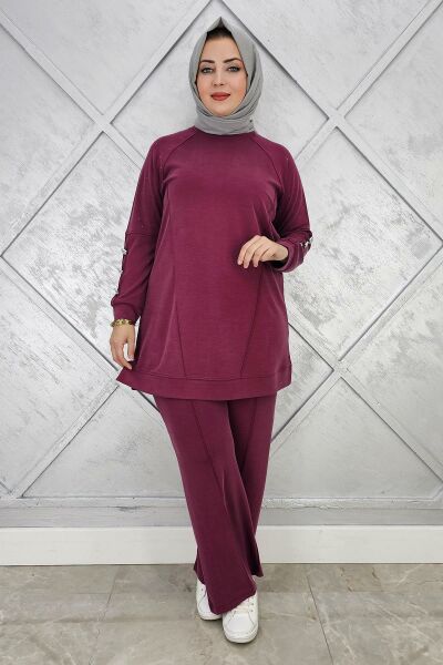 KADIN NERVÜR DİKİM DÜĞME DETAYLI TESETTÜR TAKIM BORDO - 2 BEDEN