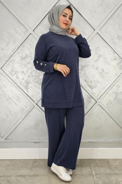 KADIN NERVÜR DİKİM DÜĞME DETAYLI TESETTÜR TAKIM LACİVERT - 4 BEDEN