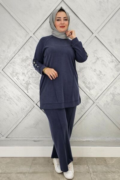 KADIN NERVÜR DİKİM DÜĞME DETAYLI TESETTÜR TAKIM LACİVERT - 4 BEDEN