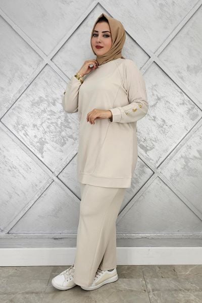 KADIN NERVÜR DİKİM DÜĞME DETAYLI TESETTÜR TAKIM TAŞ - 2 BEDEN