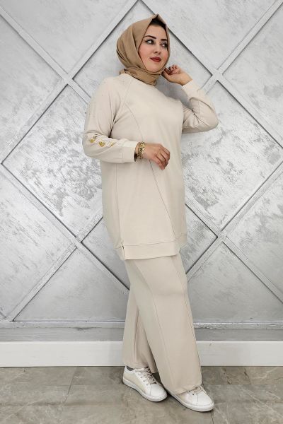 KADIN NERVÜR DİKİM DÜĞME DETAYLI TESETTÜR TAKIM TAŞ - 2 BEDEN