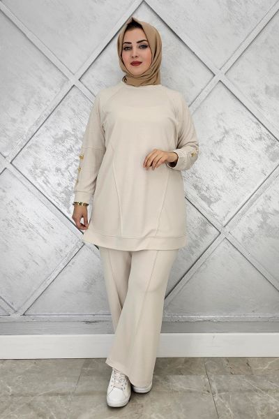 KADIN NERVÜR DİKİM DÜĞME DETAYLI TESETTÜR TAKIM TAŞ - 2 BEDEN