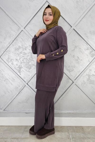 KADIN NERVÜR DİKİM DÜĞME DETAYLI TESETTÜR TAKIM KAHVERENGİ - 2 BEDEN