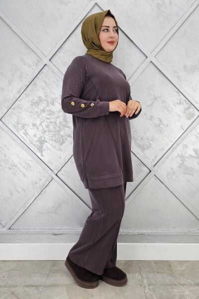 KADIN NERVÜR DİKİM DÜĞME DETAYLI TESETTÜR TAKIM KAHVERENGİ - 2 BEDEN