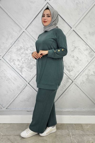 KADIN NERVÜR DİKİM DÜĞME DETAYLI TESETTÜR TAKIM YEŞİL - 5 BEDEN