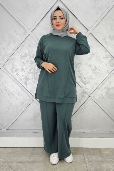 KADIN NERVÜR DİKİM DÜĞME DETAYLI TESETTÜR TAKIM YEŞİL - 5 BEDEN
