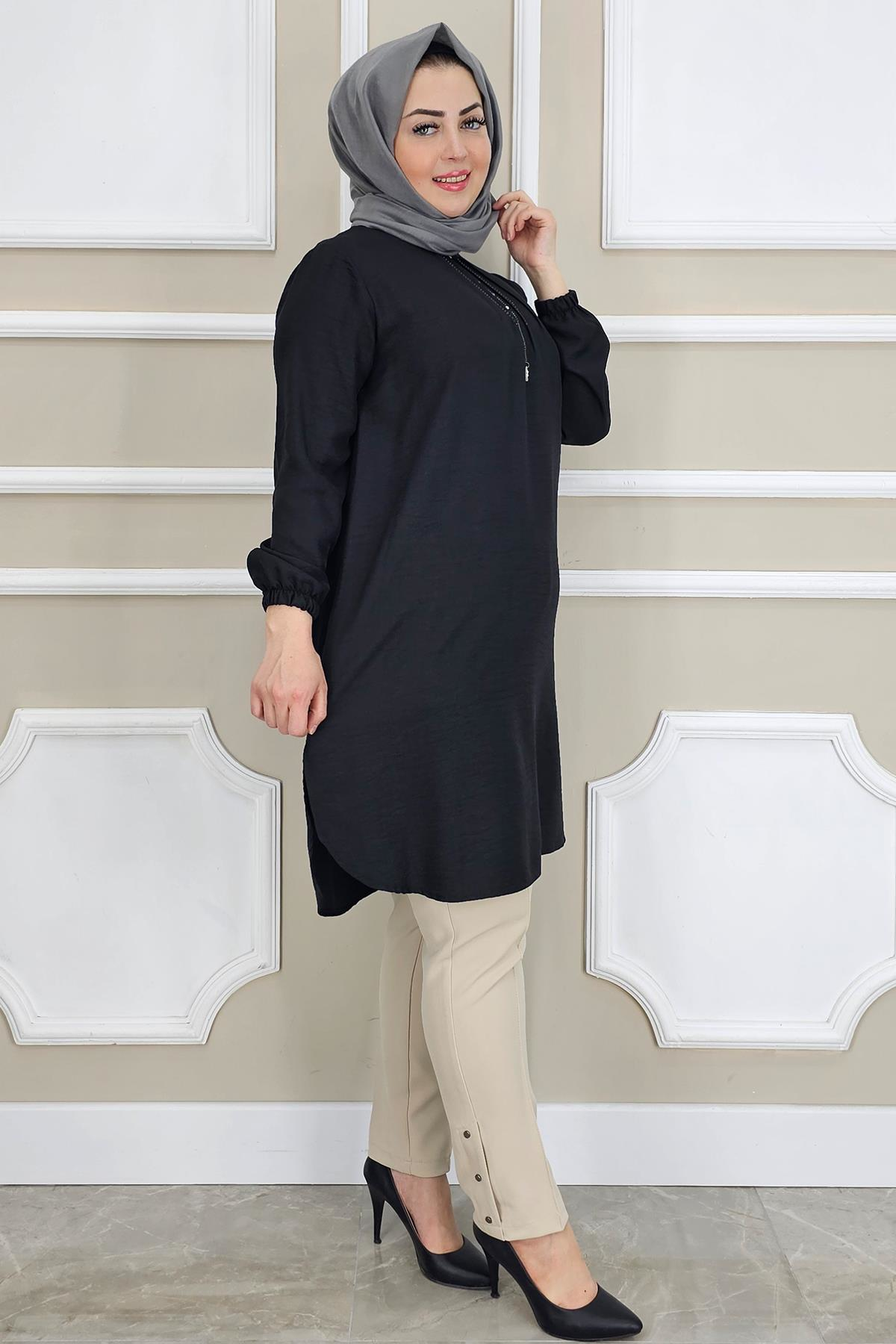MYSTIL KADIN NERVÜR VE TAŞ DETAYLI TESETTÜR TUNİK SİYAH - 2XL