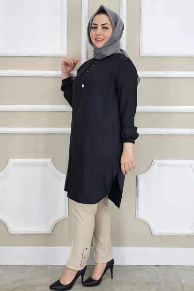 MYSTIL KADIN NERVÜR VE TAŞ DETAYLI TESETTÜR TUNİK SİYAH - 2XL