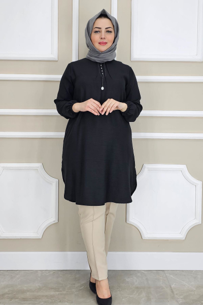 MYSTIL KADIN NERVÜR VE TAŞ DETAYLI TESETTÜR TUNİK SİYAH - 2XL