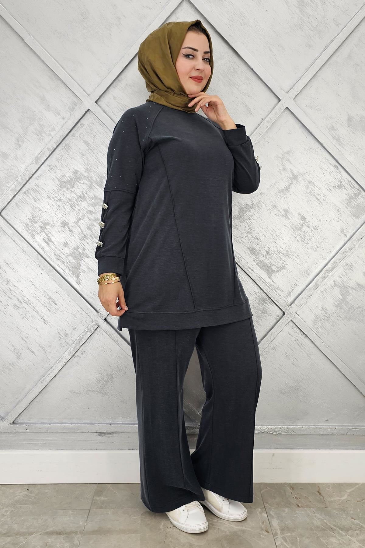 KADIN NERVÜR DİKİM DÜĞME DETAYLI TESETTÜR TAKIM SİYAH - 5 BEDEN