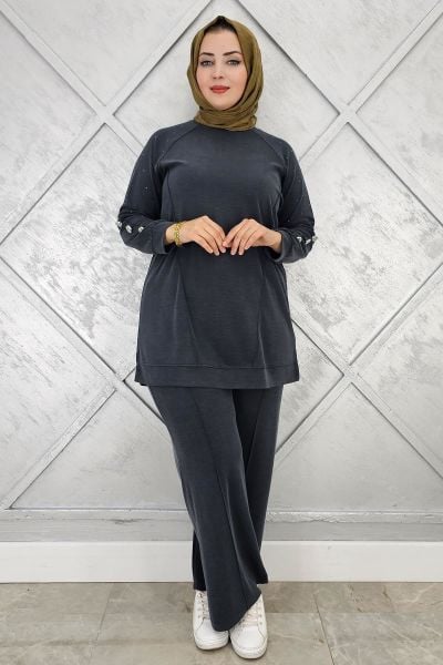 KADIN NERVÜR DİKİM DÜĞME DETAYLI TESETTÜR TAKIM SİYAH - 5 BEDEN