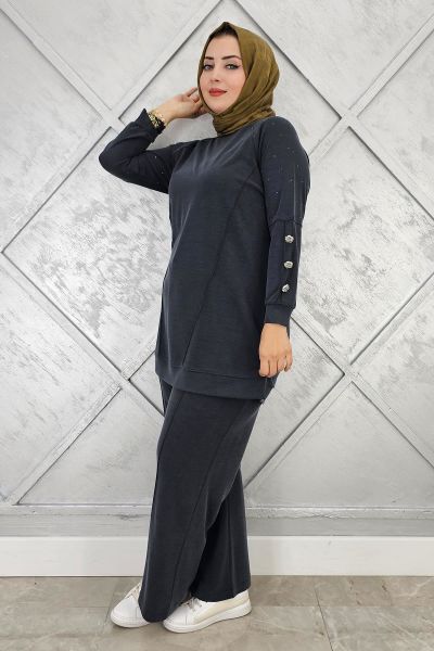 KADIN NERVÜR DİKİM DÜĞME DETAYLI TESETTÜR TAKIM SİYAH - 5 BEDEN