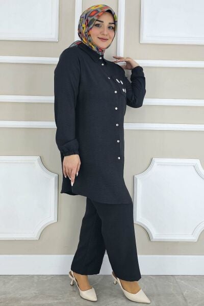 KADIN TAŞ DETAYLI CEPLİ TESETTÜR TAKIM SİYAH - 2 BEDEN
