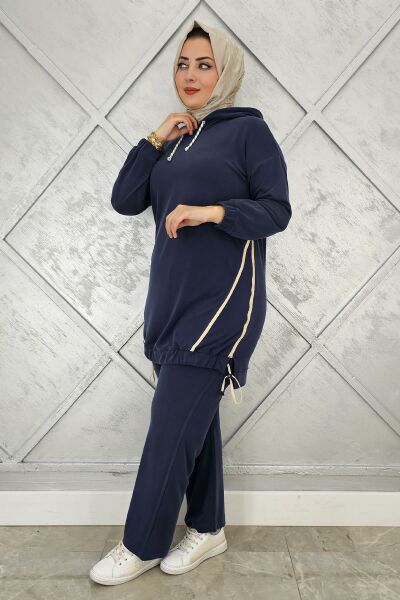 KADIN KAPÜŞONLU KOMBİNLİ TESETTÜR TAKIM LACİVERT - 3 BEDEN