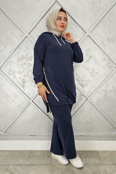 KADIN KAPÜŞONLU KOMBİNLİ TESETTÜR TAKIM LACİVERT - 3 BEDEN