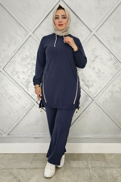 KADIN KAPÜŞONLU KOMBİNLİ TESETTÜR TAKIM LACİVERT - 3 BEDEN